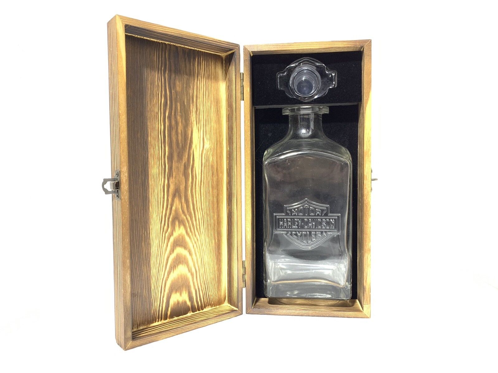 Harley Davidson Motor Rare Whiskey Bottle and Wood Box Original Las Vegas Nevada