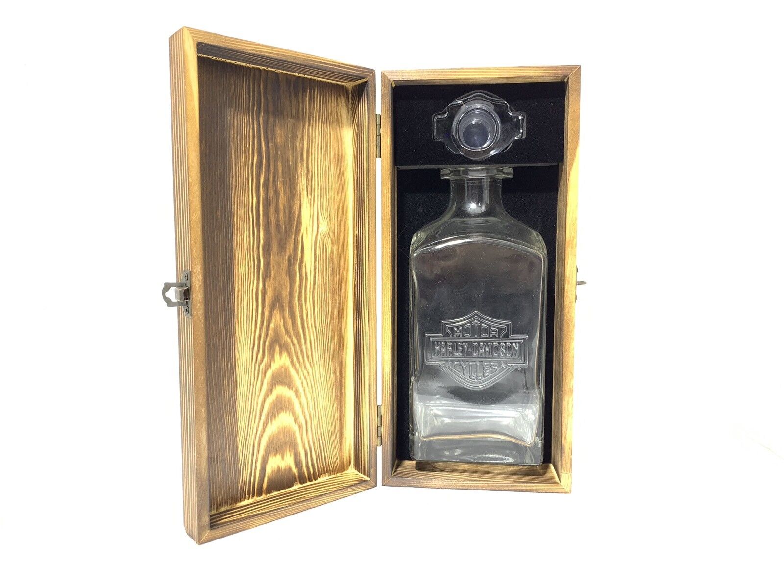 Harley Davidson Motor Rare Whiskey Bottle and Wood Box Original Las Vegas Nevada