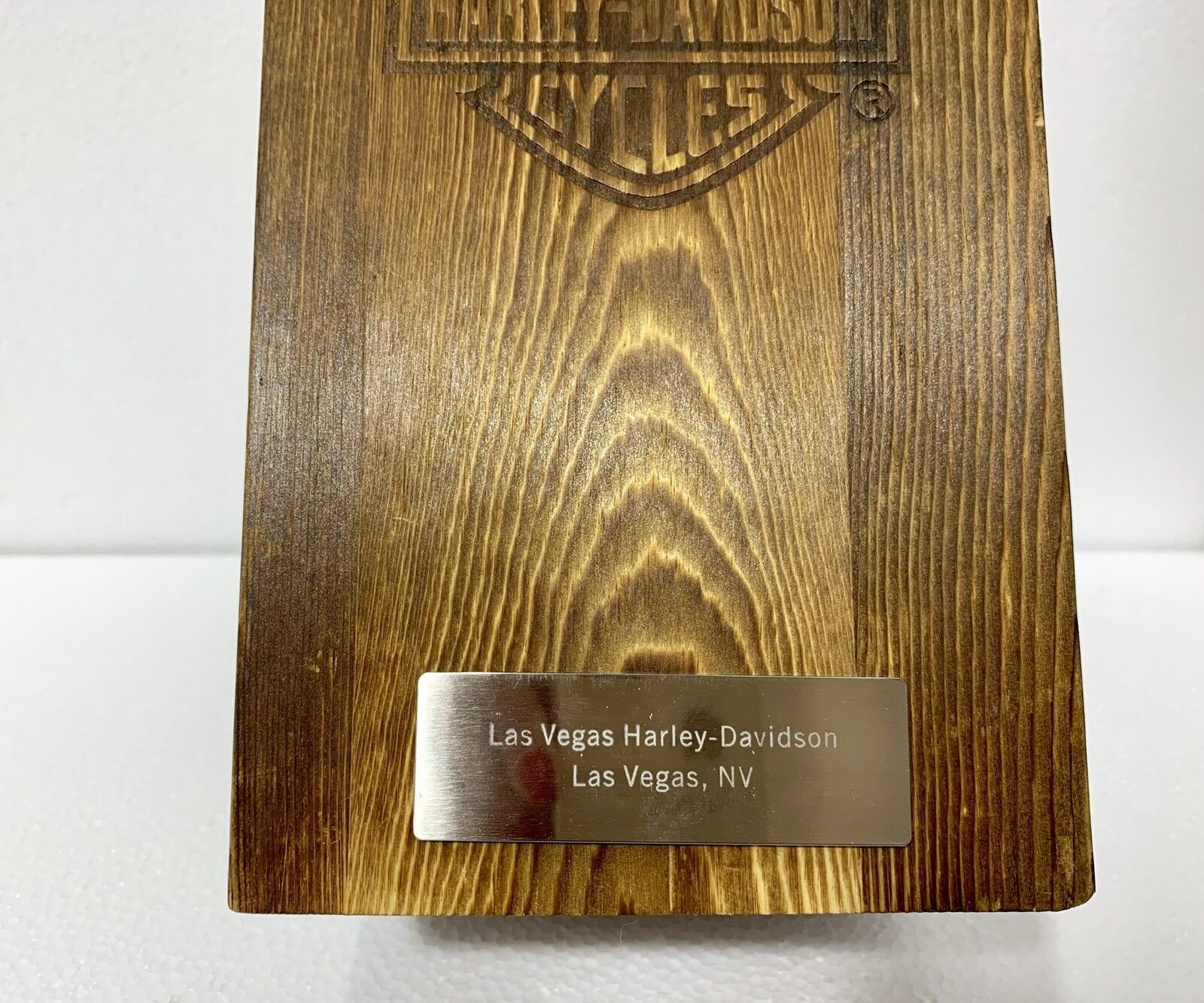 Harley Davidson Motor Rare Whiskey Bottle and Wood Box Original Las Vegas Nevada