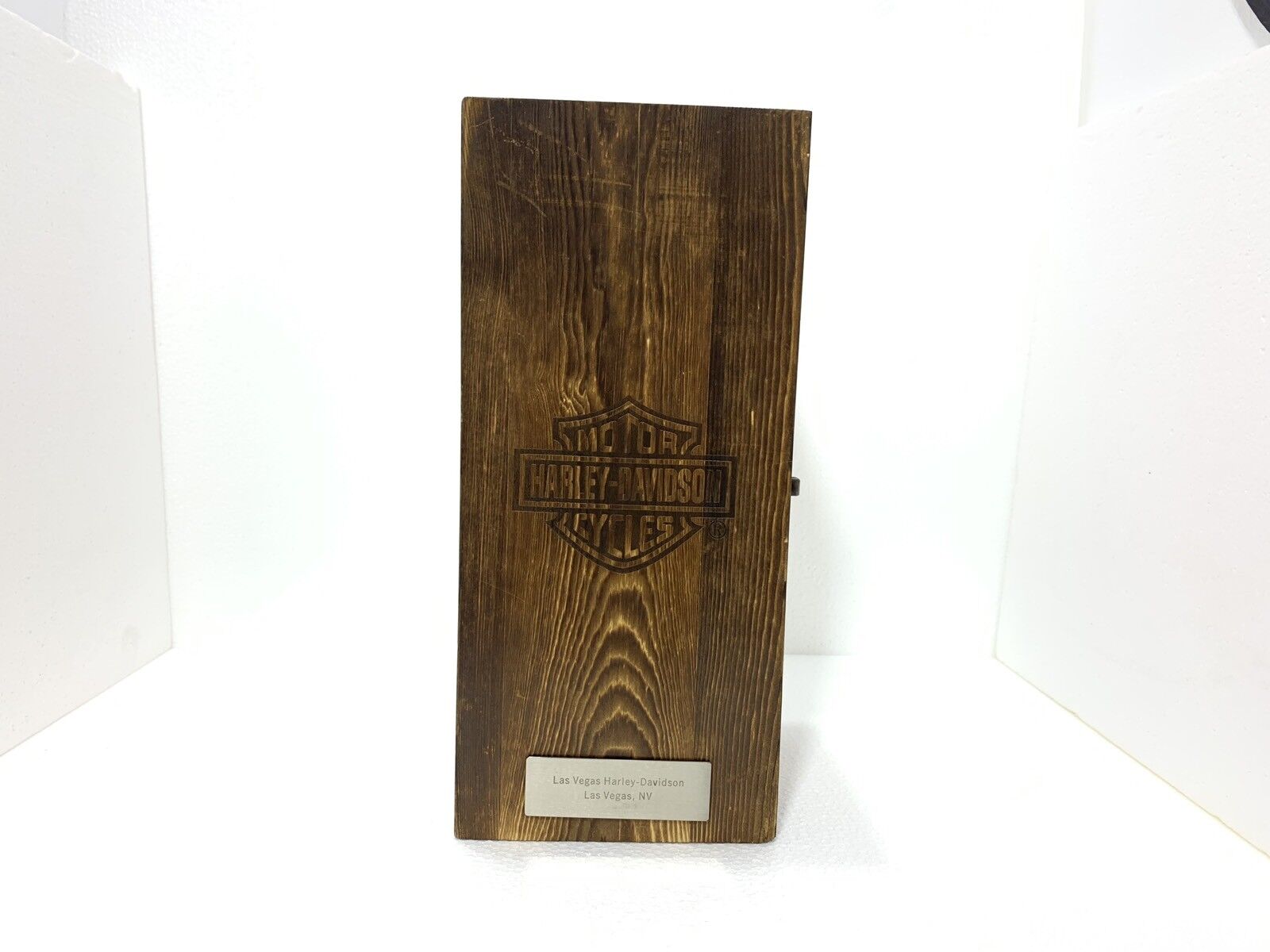 Harley Davidson Motor Rare Whiskey Bottle and Wood Box Original Las Vegas Nevada