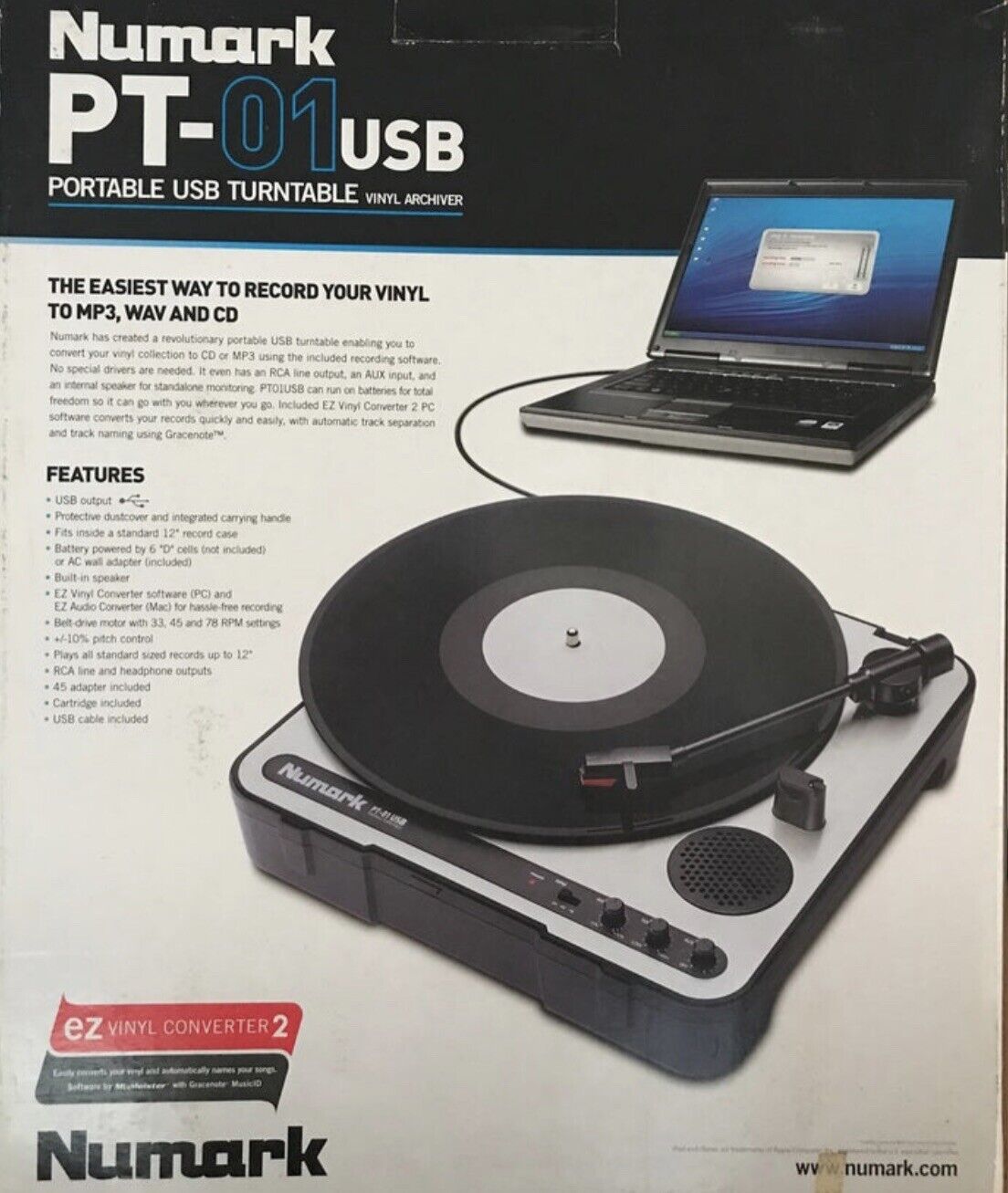NUMARK PT-01 USB Turntable Belt Drive Portable 3 Speed Vintage Work Good Look