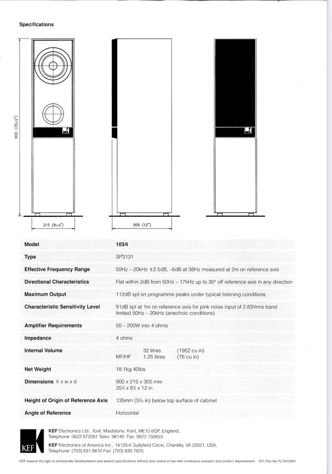 KEF Model103/4S(ペア) Specifications of KEF Model 103/4S