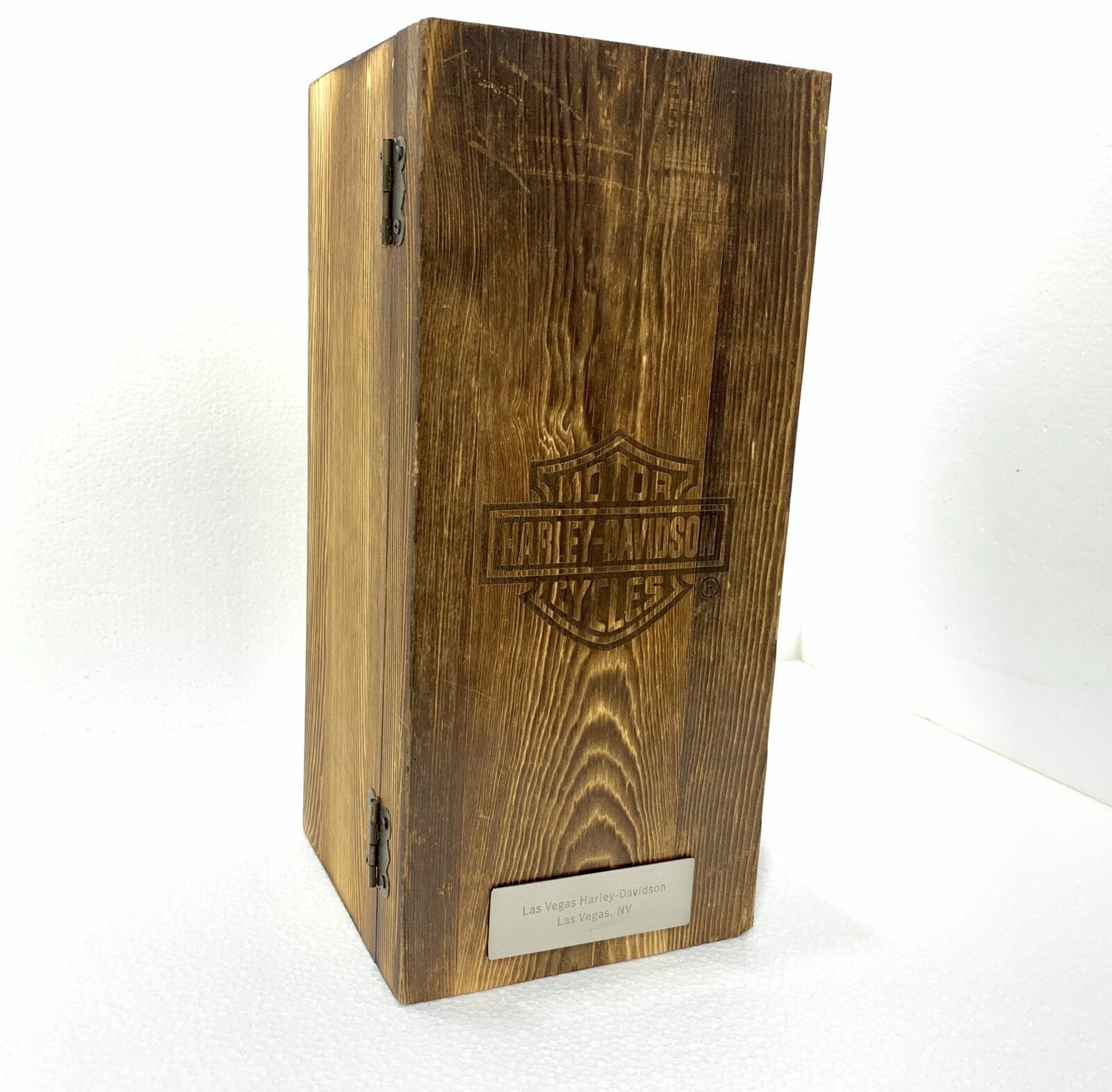 Harley Davidson Motor Rare Whiskey Bottle and Wood Box Original Las Vegas Nevada